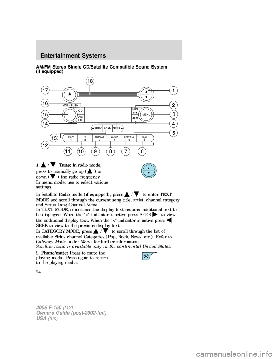 FORD F150 2006 11.G Owners Manual AM/FM Stereo Single CD/Satellite Compatible Sound System
(if equipped)
1.
/Tune:In radio mode,
press to manually go up (
)or
down (
) the radio frequency.
In menu mode, use to select various
settings.