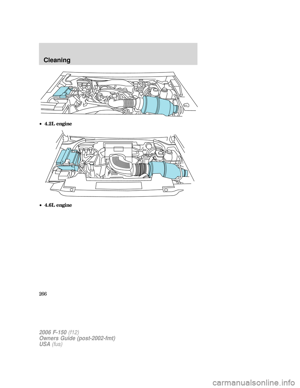 FORD F150 2006 11.G Owners Manual •4.2L engine
•4.6L engine
2006 F-150(f12)
Owners Guide (post-2002-fmt)
USA(fus)
Cleaning
266 FORD F150 2006 11.G Owners Manual •4.2L engine
•4.6L engine
2006 F-150(f12)
Owners Guide (post-2002-fmt)
USA(fus)
Cleaning
266