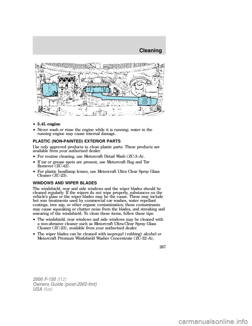 FORD F150 2006 11.G Owners Manual •5.4L engine
•Never wash or rinse the engine while it is running; water in the
running engine may cause internal damage.
PLASTIC (NON-PAINTED) EXTERIOR PARTS
Use only approved products to clean pl