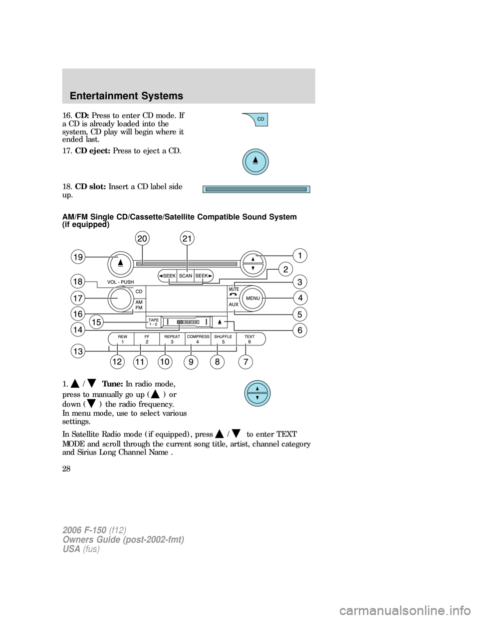 FORD F150 2006 11.G Owners Manual 16.CD:Press to enter CD mode. If
a CD is already loaded into the
system, CD play will begin where it
ended last.
17.CD eject:Press to eject a CD.
18.CD slot:Insert a CD label side
up.
AM/FM Single CD/