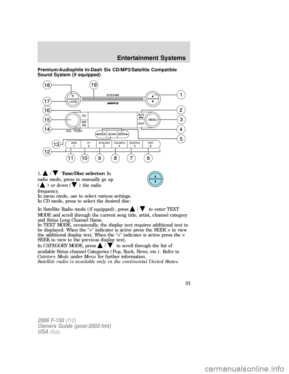 FORD F150 2006 11.G Owners Guide Premium/Audiophile In-Dash Six CD/MP3/Satellite Compatible
Sound System (if equipped)
1.
/Tune/Disc selector:In
radio mode, press to manually go up
(
) or down () the radio
frequency.
In menu mode, us FORD F150 2006 11.G Owners Guide Premium/Audiophile In-Dash Six CD/MP3/Satellite Compatible
Sound System (if equipped)
1.
/Tune/Disc selector:In
radio mode, press to manually go up
(
) or down () the radio
frequency.
In menu mode, us