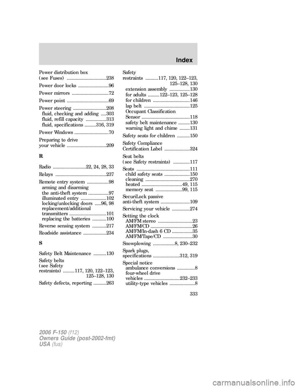 FORD F150 2006 11.G User Guide Power distribution box
(see Fuses) ...............................238
Power door locks ........................96
Power mirrors .............................72
Power point ............................