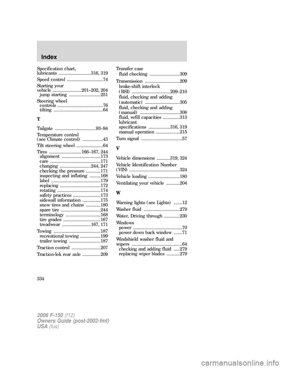 FORD F150 2006 11.G Owners Manual Specification chart,
lubricants ...........................316, 319
Speed control ..............................74
Starting your
vehicle ........................201–202, 204
jump starting ..........