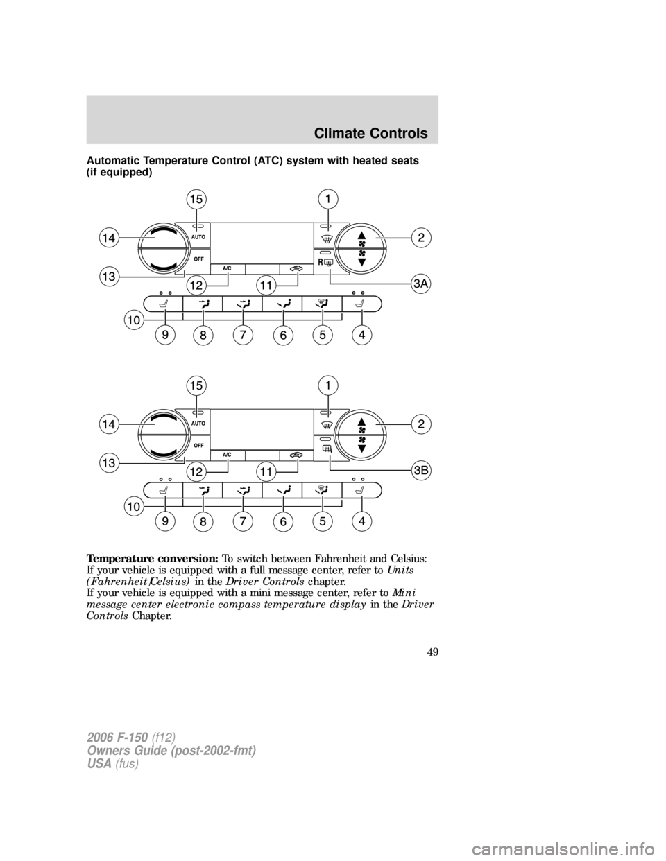 FORD F150 2006 11.G Service Manual Automatic Temperature Control (ATC) system with heated seats
(if equipped)
Temperature conversion:To switch between Fahrenheit and Celsius:
If your vehicle is equipped with a full message center, refe FORD F150 2006 11.G Service Manual Automatic Temperature Control (ATC) system with heated seats
(if equipped)
Temperature conversion:To switch between Fahrenheit and Celsius:
If your vehicle is equipped with a full message center, refe