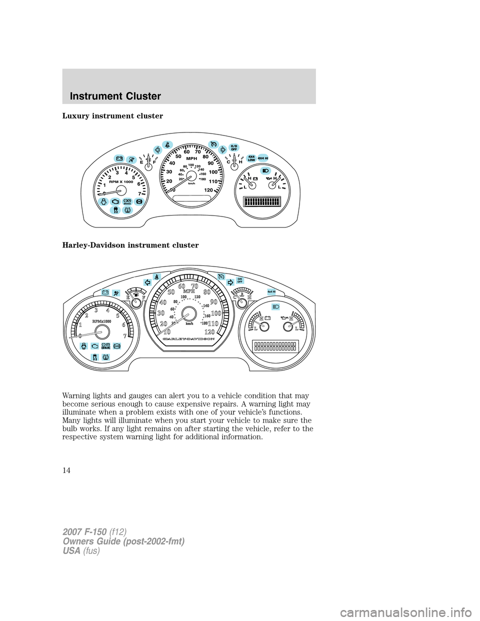 FORD F150 2007 11.G Owners Manual Luxury instrument cluster
Harley-Davidson instrument cluster
Warning lights and gauges can alert you to a vehicle condition that may
become serious enough to cause expensive repairs. A warning light m