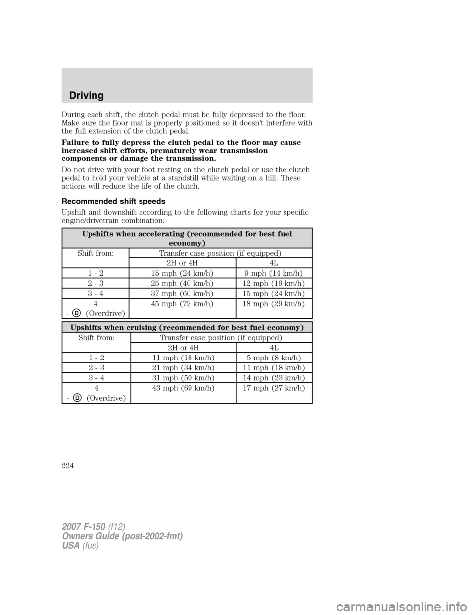 FORD F150 2007 11.G Owners Manual During each shift, the clutch pedal must be fully depressed to the floor.
Make sure the floor mat is properly positioned so it doesn’t interfere with
the full extension of the clutch pedal.
Failure FORD F150 2007 11.G Owners Manual During each shift, the clutch pedal must be fully depressed to the floor.
Make sure the floor mat is properly positioned so it doesn’t interfere with
the full extension of the clutch pedal.
Failure