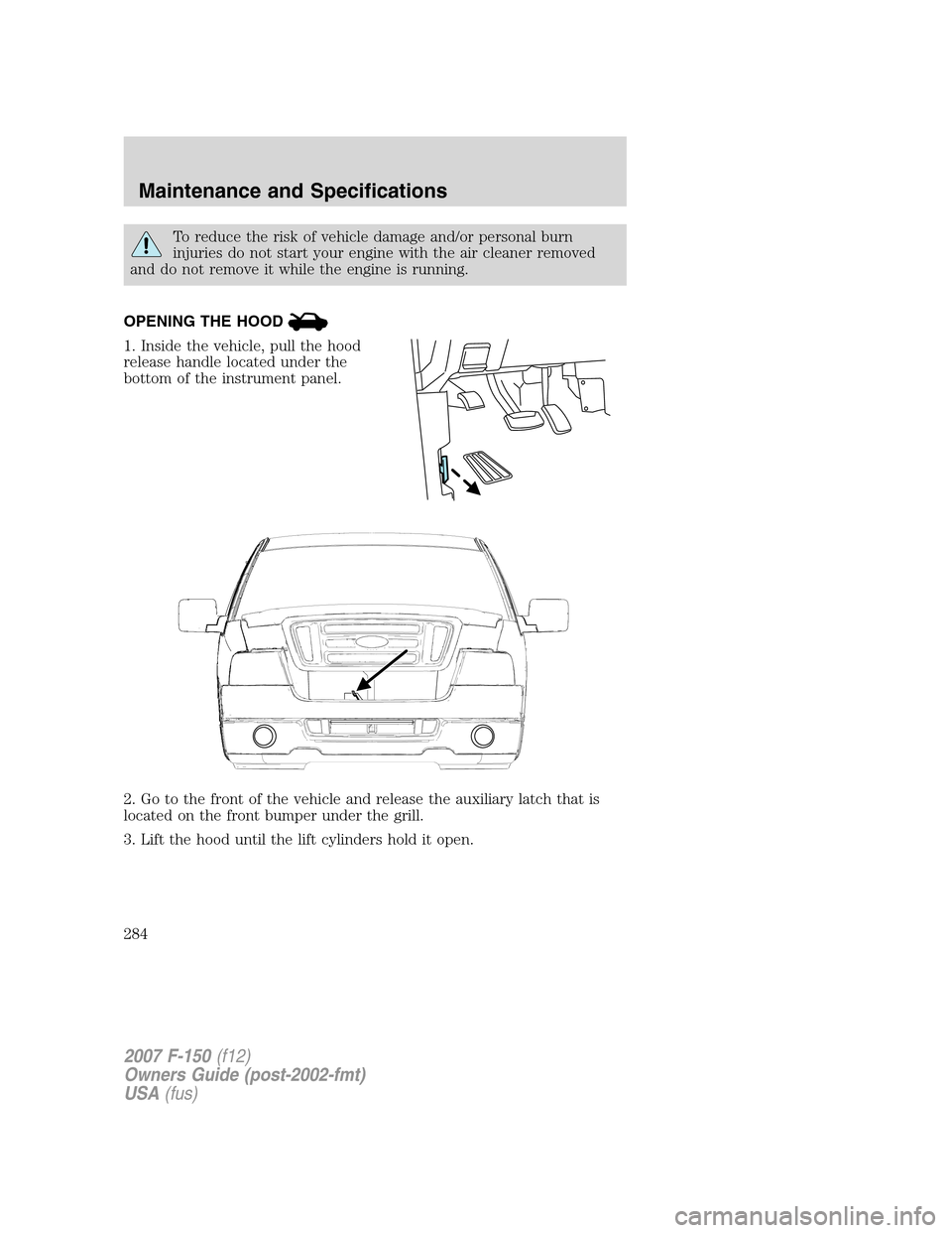 FORD F150 2007 11.G Owners Manual To reduce the risk of vehicle damage and/or personal burn
injuries do not start your engine with the air cleaner removed
and do not remove it while the engine is running.
OPENING THE HOOD
1. Inside th FORD F150 2007 11.G Owners Manual To reduce the risk of vehicle damage and/or personal burn
injuries do not start your engine with the air cleaner removed
and do not remove it while the engine is running.
OPENING THE HOOD
1. Inside th