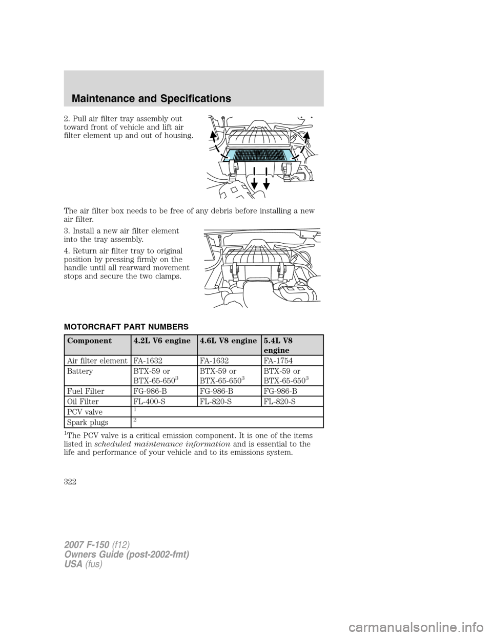 FORD F150 2007 11.G Owners Manual 2. Pull air filter tray assembly out
toward front of vehicle and lift air
filter element up and out of housing.
The air filter box needs to be free of any debris before installing a new
air filter.
3. FORD F150 2007 11.G Owners Manual 2. Pull air filter tray assembly out
toward front of vehicle and lift air
filter element up and out of housing.
The air filter box needs to be free of any debris before installing a new
air filter.
3.
