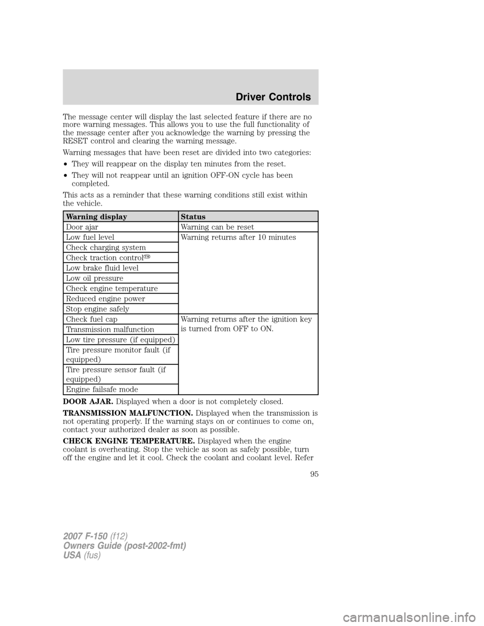 FORD F150 2007 11.G Owners Manual The message center will display the last selected feature if there are no
more warning messages. This allows you to use the full functionality of
the message center after you acknowledge the warning b FORD F150 2007 11.G Owners Manual The message center will display the last selected feature if there are no
more warning messages. This allows you to use the full functionality of
the message center after you acknowledge the warning b