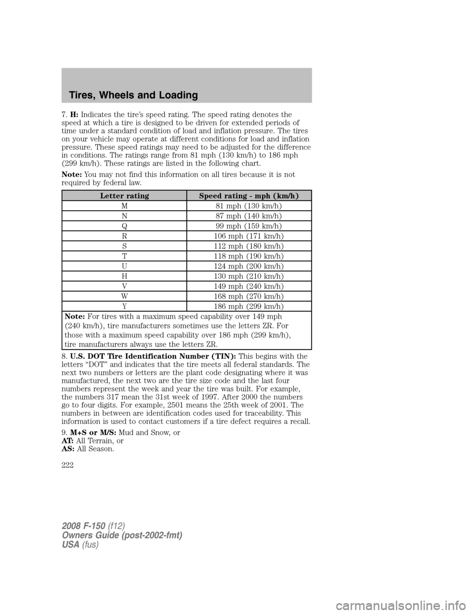 FORD F150 2008 11.G Owners Manual 7.H:Indicates the tire’s speed rating. The speed rating denotes the
speed at which a tire is designed to be driven for extended periods of
time under a standard condition of load and inflation press