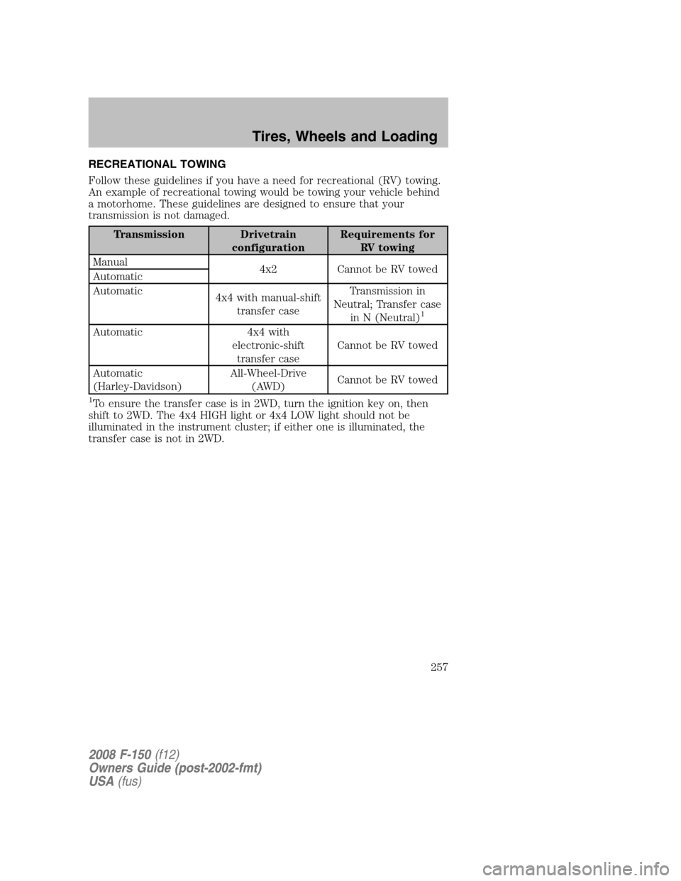 FORD F150 2008 11.G Owners Manual RECREATIONAL TOWING
Follow these guidelines if you have a need for recreational (RV) towing.
An example of recreational towing would be towing your vehicle behind
a motorhome. These guidelines are des