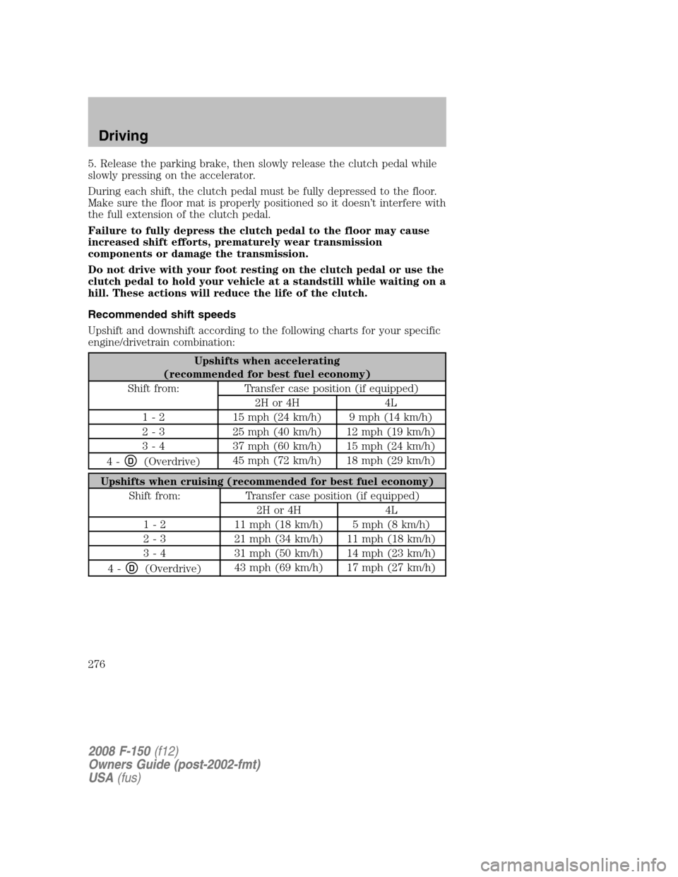 FORD F150 2008 11.G Owners Manual 5. Release the parking brake, then slowly release the clutch pedal while
slowly pressing on the accelerator.
During each shift, the clutch pedal must be fully depressed to the floor.
Make sure the flo FORD F150 2008 11.G Owners Manual 5. Release the parking brake, then slowly release the clutch pedal while
slowly pressing on the accelerator.
During each shift, the clutch pedal must be fully depressed to the floor.
Make sure the flo