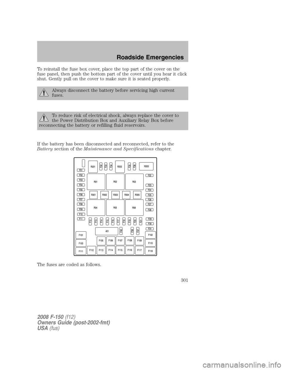 FORD F150 2008 11.G Owners Manual To reinstall the fuse box cover, place the top part of the cover on the
fuse panel, then push the bottom part of the cover until you hear it click
shut. Gently pull on the cover to make sure it is sea
