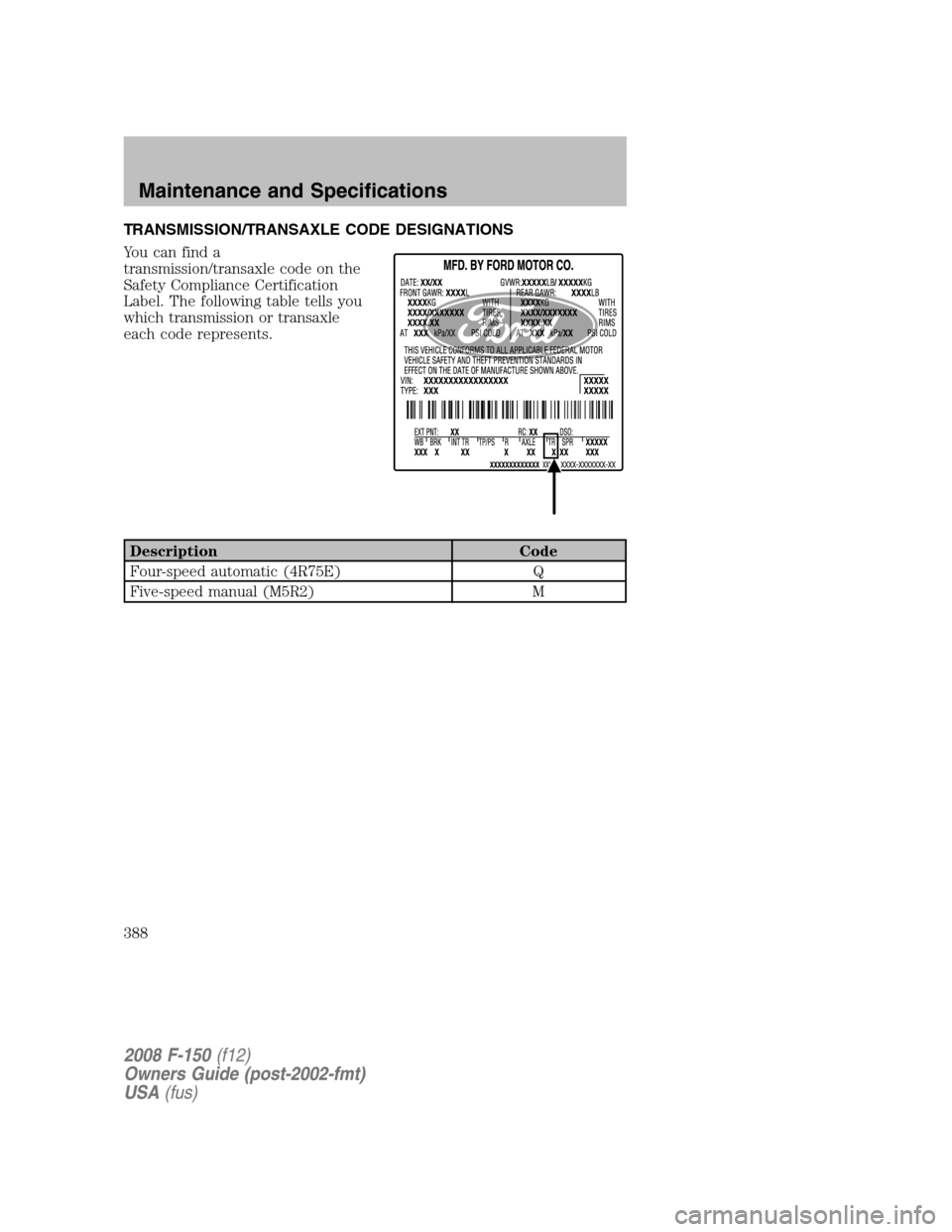 FORD F150 2008 11.G Owners Manual TRANSMISSION/TRANSAXLE CODE DESIGNATIONS
You can find a
transmission/transaxle code on the
Safety Compliance Certification
Label. The following table tells you
which transmission or transaxle
each cod FORD F150 2008 11.G Owners Manual TRANSMISSION/TRANSAXLE CODE DESIGNATIONS
You can find a
transmission/transaxle code on the
Safety Compliance Certification
Label. The following table tells you
which transmission or transaxle
each cod
