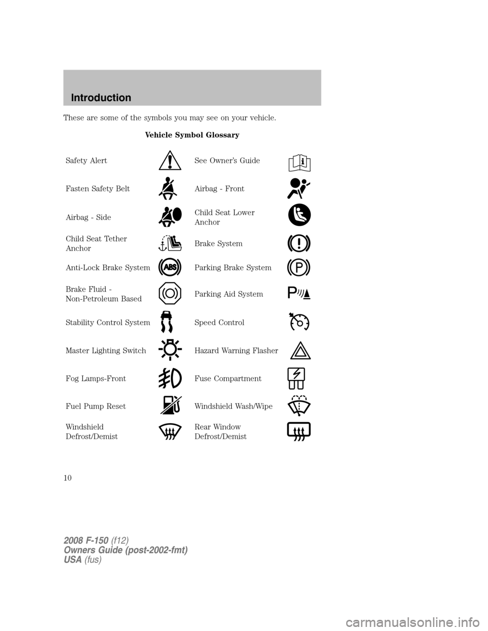 FORD F150 2008 11.G Owners Manual These are some of the symbols you may see on your vehicle.
Vehicle Symbol Glossary
Safety Alert
See Owner’s Guide
Fasten Safety BeltAirbag - Front
Airbag - SideChild Seat Lower
Anchor
Child Seat Tet FORD F150 2008 11.G Owners Manual These are some of the symbols you may see on your vehicle.
Vehicle Symbol Glossary
Safety Alert
See Owner’s Guide
Fasten Safety BeltAirbag - Front
Airbag - SideChild Seat Lower
Anchor
Child Seat Tet
