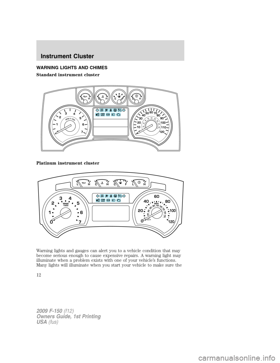 FORD F150 2009 12.G User Guide WARNING LIGHTS AND CHIMES
Standard instrument cluster
Platinum instrument cluster
Warning lights and gauges can alert you to a vehicle condition that may
become serious enough to cause expensive repai