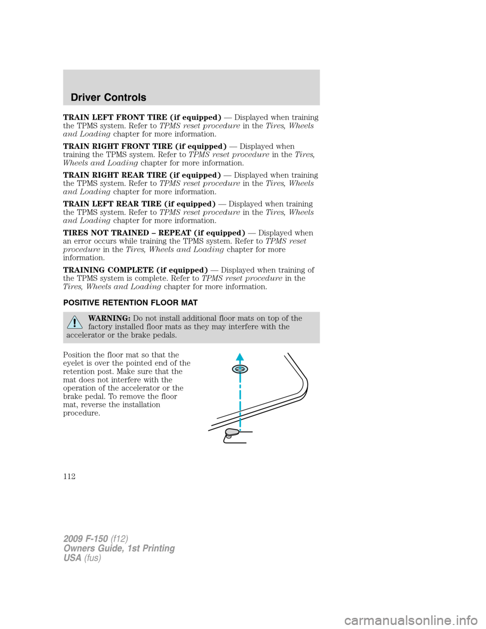 FORD F150 2009 12.G Owners Manual TRAIN LEFT FRONT TIRE (if equipped)— Displayed when training
the TPMS system. Refer toTPMS reset procedurein theTires, Wheels
and Loadingchapter for more information.
TRAIN RIGHT FRONT TIRE (if equi