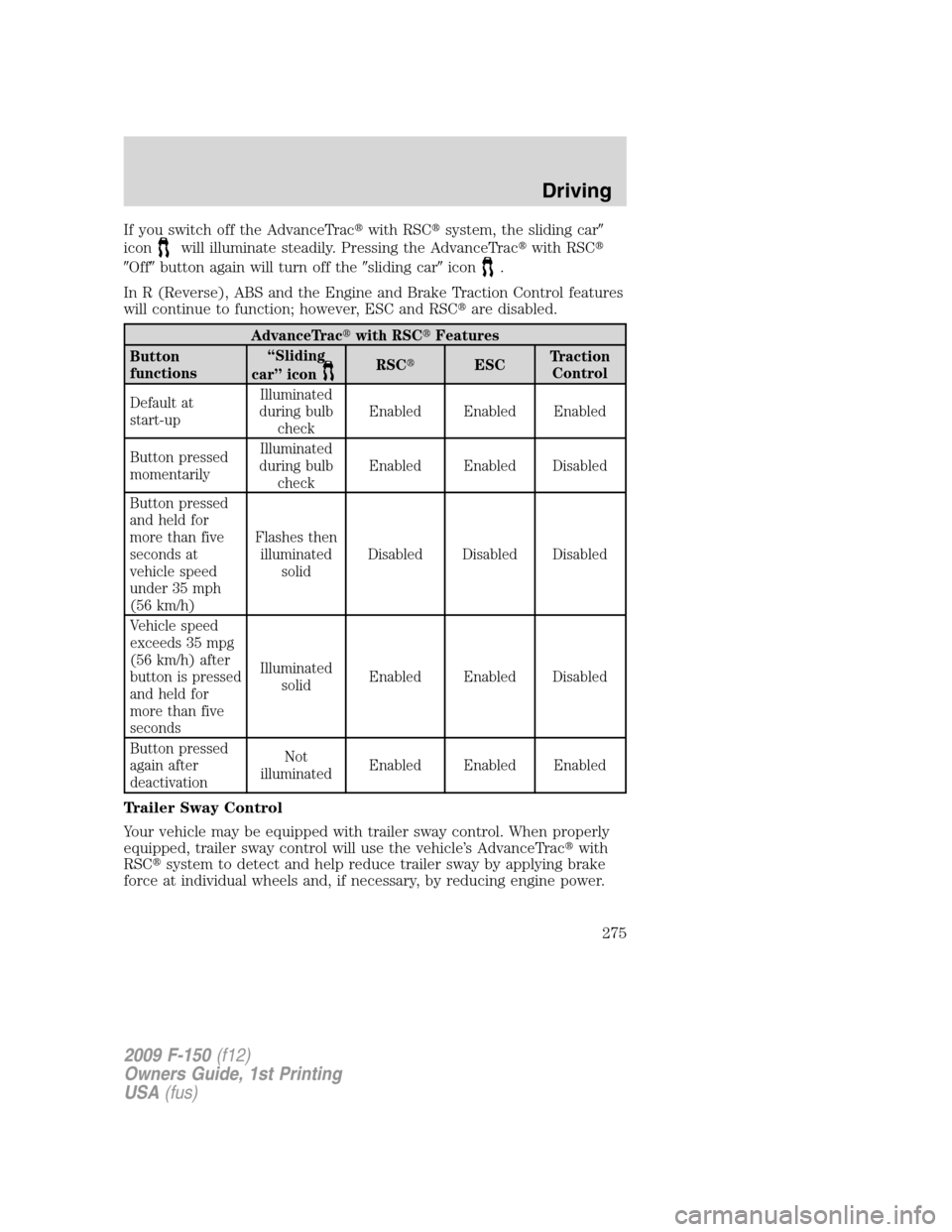 FORD F150 2009 12.G Owners Manual If you switch off the AdvanceTracwith RSCsystem, the sliding car
icon
will illuminate steadily. Pressing the AdvanceTracwith RSC
Offbutton again will turn off thesliding caricon
.
In R (Rever