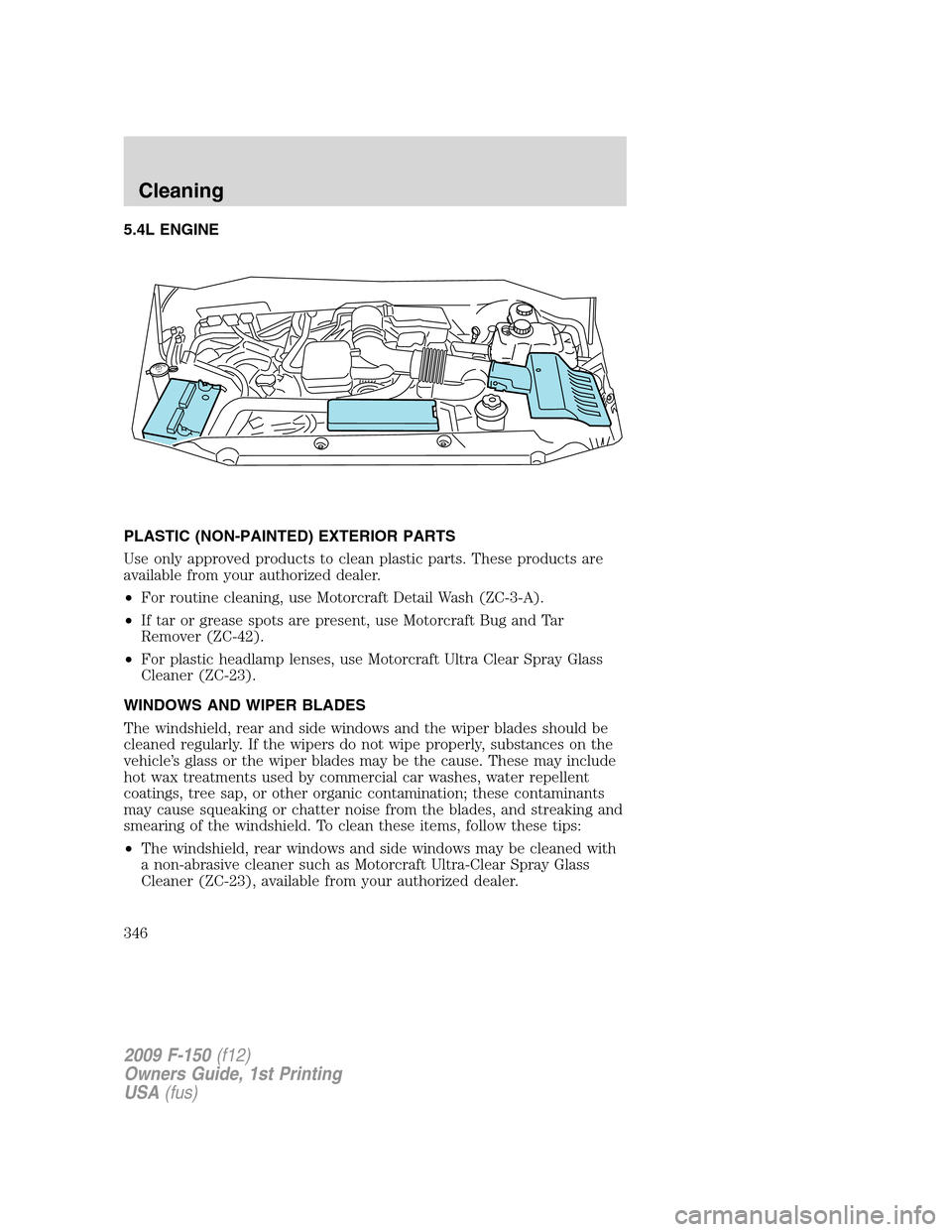 FORD F150 2009 12.G Owners Manual 5.4L ENGINE
PLASTIC (NON-PAINTED) EXTERIOR PARTS
Use only approved products to clean plastic parts. These products are
available from your authorized dealer.
•For routine cleaning, use Motorcraft De