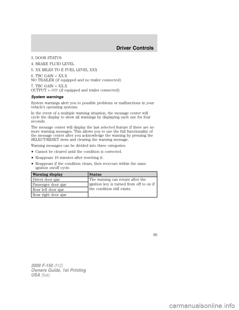FORD F150 2009 12.G Owners Manual 3. DOOR STATUS
4. BRAKE FLUID LEVEL
5. XX MILES TO E FUEL LEVEL XXX
6. TBC GAIN = XX.X
NO TRAILER (if equipped and no trailer connected)
7. TBC GAIN = XX.X
OUTPUT = ////// (if equipped and trailer con FORD F150 2009 12.G Owners Manual 3. DOOR STATUS
4. BRAKE FLUID LEVEL
5. XX MILES TO E FUEL LEVEL XXX
6. TBC GAIN = XX.X
NO TRAILER (if equipped and no trailer connected)
7. TBC GAIN = XX.X
OUTPUT = ////// (if equipped and trailer con