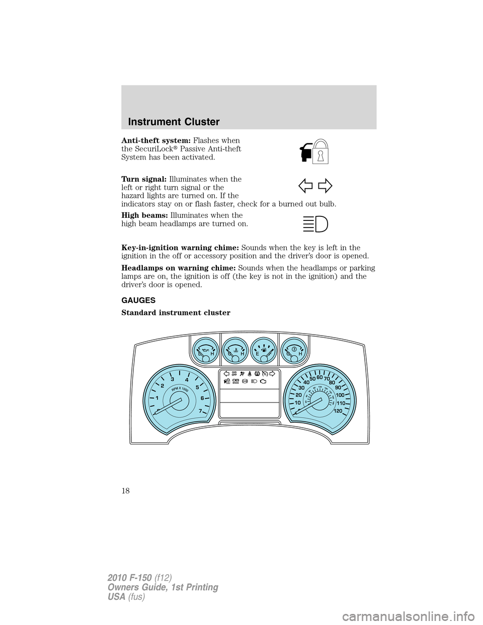 FORD F150 2010 12.G User Guide Anti-theft system:Flashes when
the SecuriLockPassive Anti-theft
System has been activated.
Turn signal:Illuminates when the
left or right turn signal or the
hazard lights are turned on. If the
indica