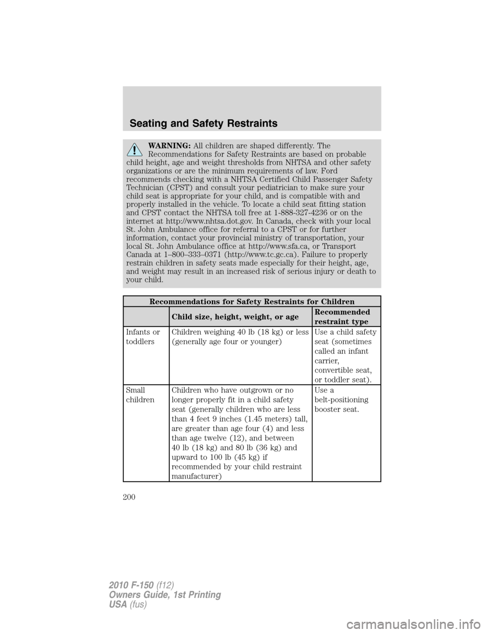 FORD F150 2010 12.G Owners Manual WARNING:All children are shaped differently. The
Recommendations for Safety Restraints are based on probable
child height, age and weight thresholds from NHTSA and other safety
organizations or are th