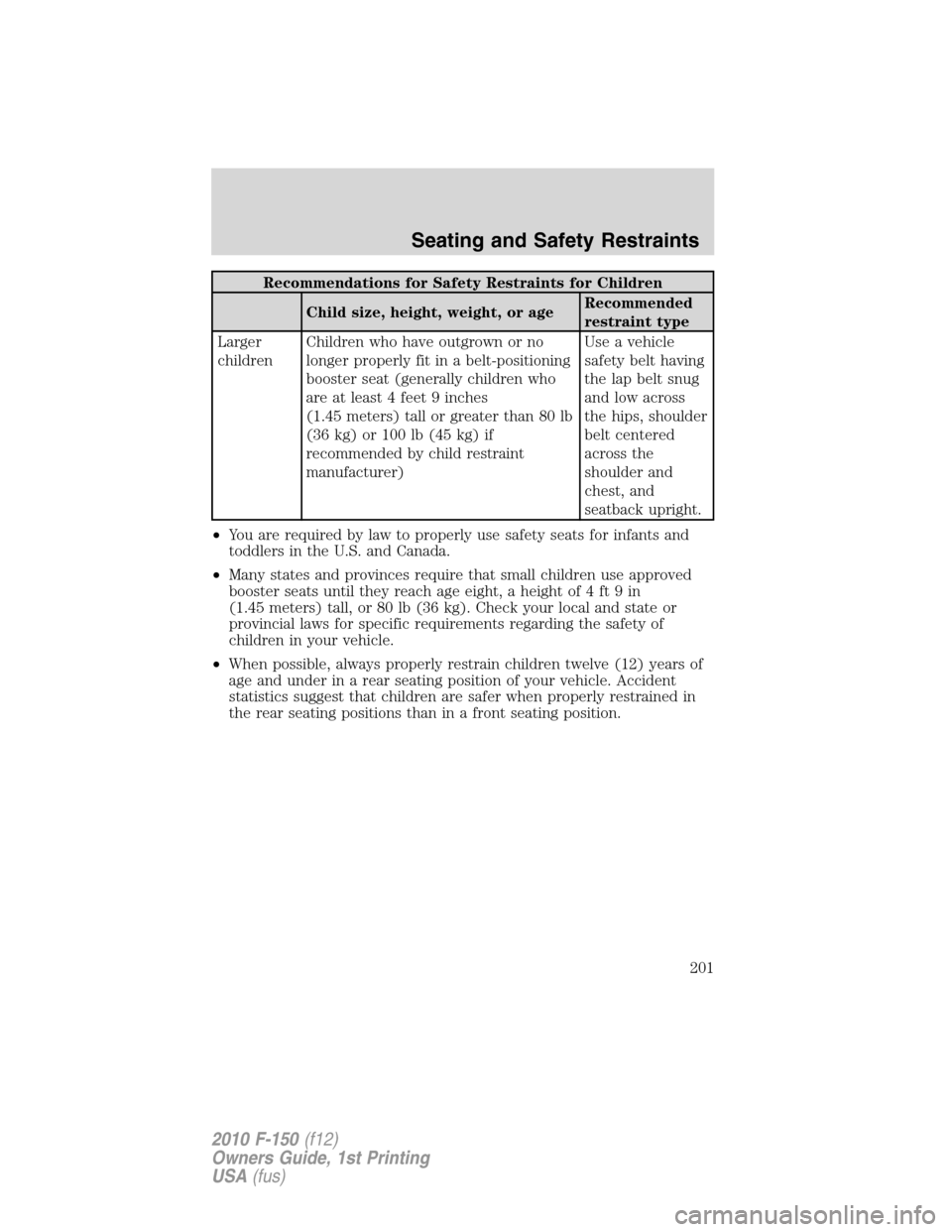 FORD F150 2010 12.G Owners Manual Recommendations for Safety Restraints for Children
Child size, height, weight, or ageRecommended
restraint type
Larger
childrenChildren who have outgrown or no
longer properly fit in a belt-positionin