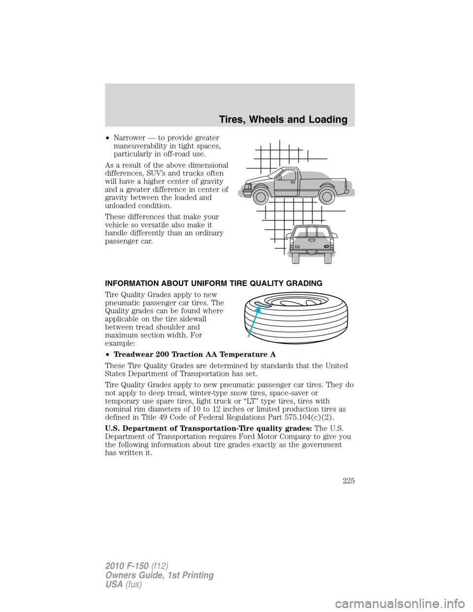 FORD F150 2010 12.G Owners Manual •Narrower — to provide greater
maneuverability in tight spaces,
particularly in off-road use.
As a result of the above dimensional
differences, SUV’s and trucks often
will have a higher center o