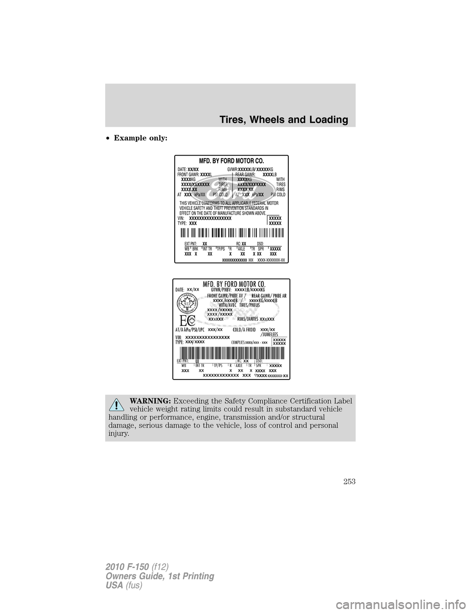 FORD F150 2010 12.G Owners Manual •Example only:
WARNING:Exceeding the Safety Compliance Certification Label
vehicle weight rating limits could result in substandard vehicle
handling or performance, engine, transmission and/or struc
