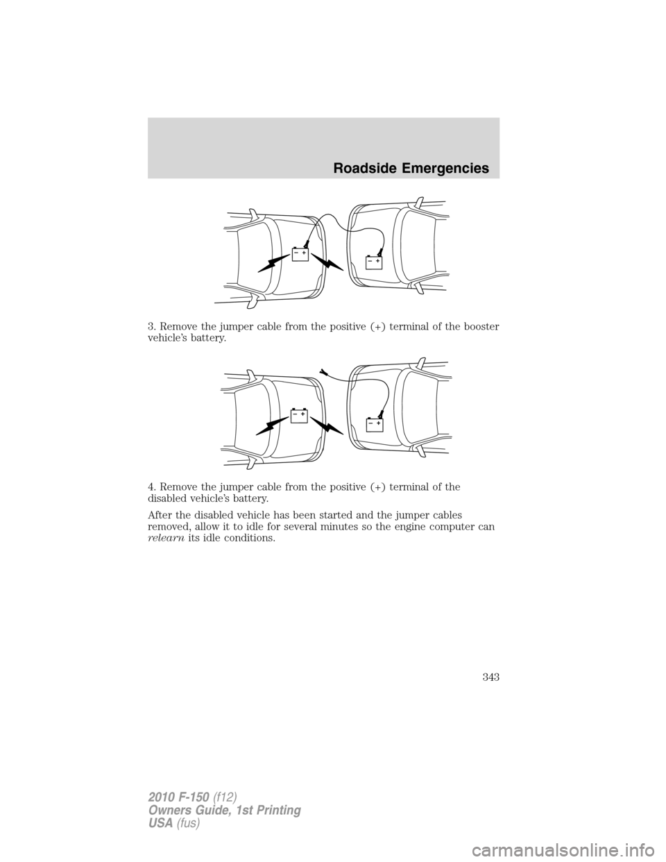 FORD F150 2010 12.G Owners Manual 3. Remove the jumper cable from the positive (+) terminal of the booster
vehicle’s battery.
4. Remove the jumper cable from the positive (+) terminal of the
disabled vehicle’s battery.
After the d