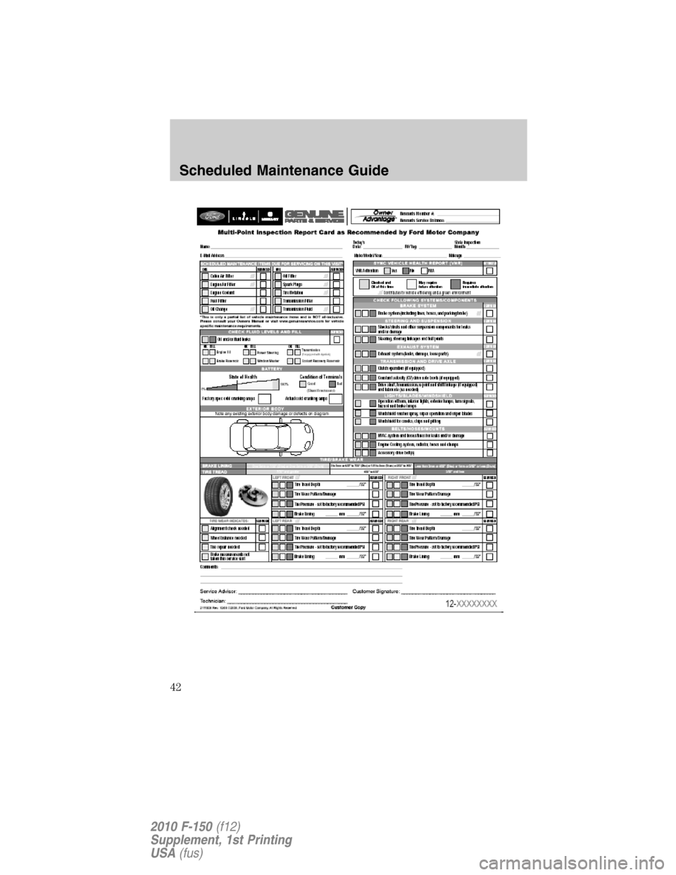 FORD F150 2010 12.G Raptor Supplement Manual Scheduled Maintenance Guide
42
2010 F-150(f12)
Supplement, 1st Printing
USA(fus) 