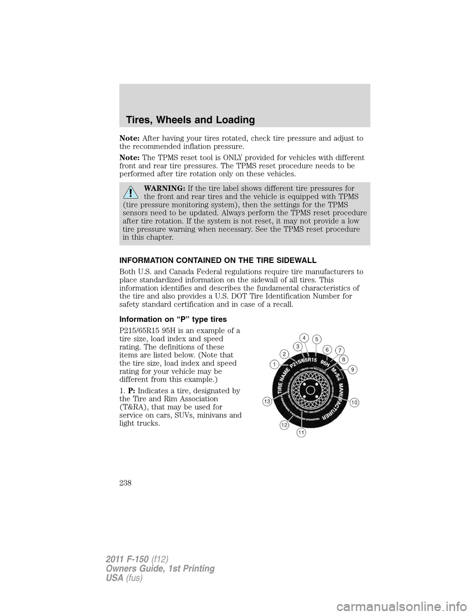 FORD F150 2011 12.G Owners Manual Note:After having your tires rotated, check tire pressure and adjust to
the recommended inflation pressure.
Note:The TPMS reset tool is ONLY provided for vehicles with different
front and rear tire pr FORD F150 2011 12.G Owners Manual Note:After having your tires rotated, check tire pressure and adjust to
the recommended inflation pressure.
Note:The TPMS reset tool is ONLY provided for vehicles with different
front and rear tire pr