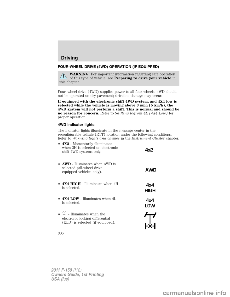 FORD F150 2011 12.G Owners Manual FOUR-WHEEL DRIVE (4WD) OPERATION (IF EQUIPPED)
WARNING:For important information regarding safe operation
of this type of vehicle, seePreparing to drive your vehiclein
this chapter.
Four–wheel drive FORD F150 2011 12.G Owners Manual FOUR-WHEEL DRIVE (4WD) OPERATION (IF EQUIPPED)
WARNING:For important information regarding safe operation
of this type of vehicle, seePreparing to drive your vehiclein
this chapter.
Four–wheel drive