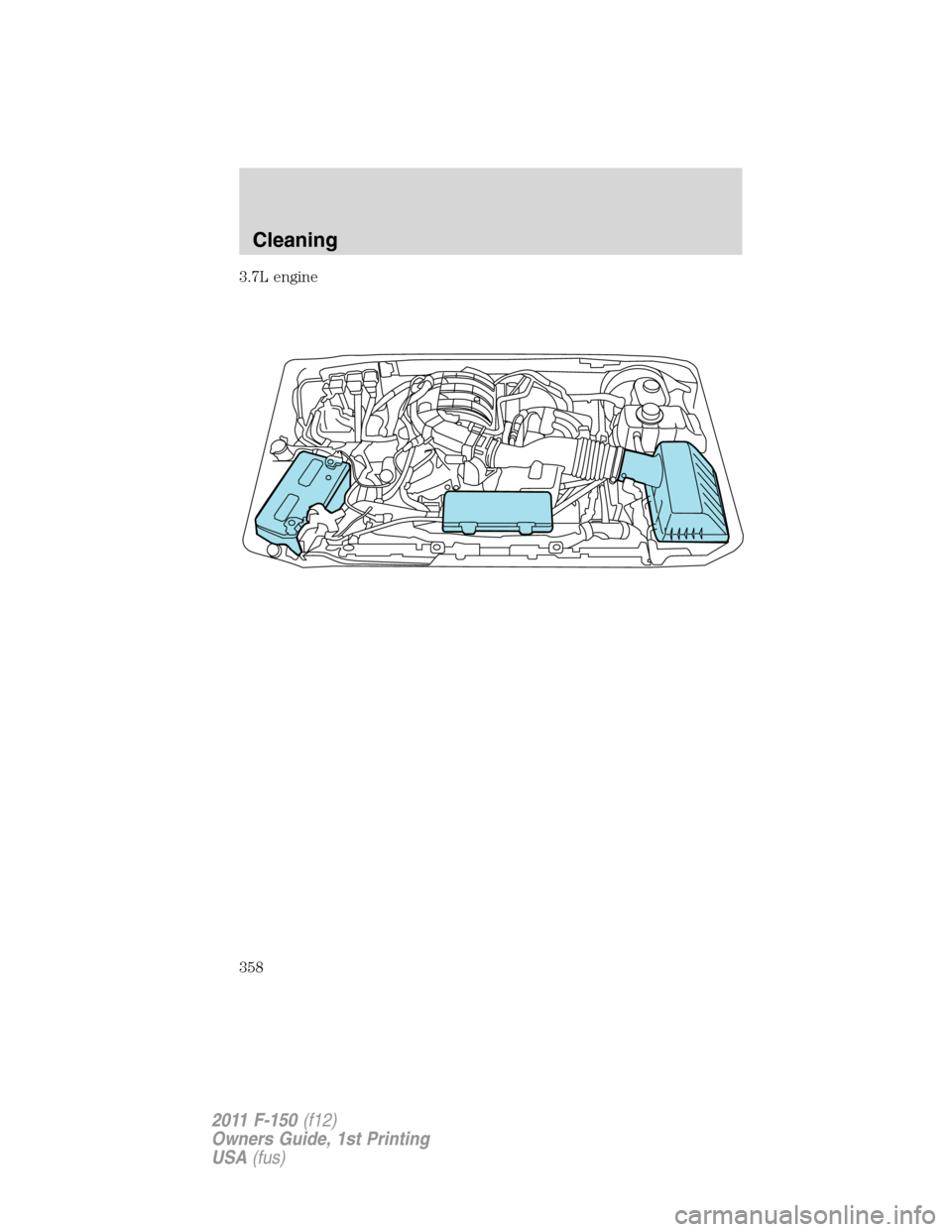 FORD F150 2011 12.G Owners Manual 3.7L engine
Cleaning
358
2011 F-150(f12)
Owners Guide, 1st Printing
USA(fus) 