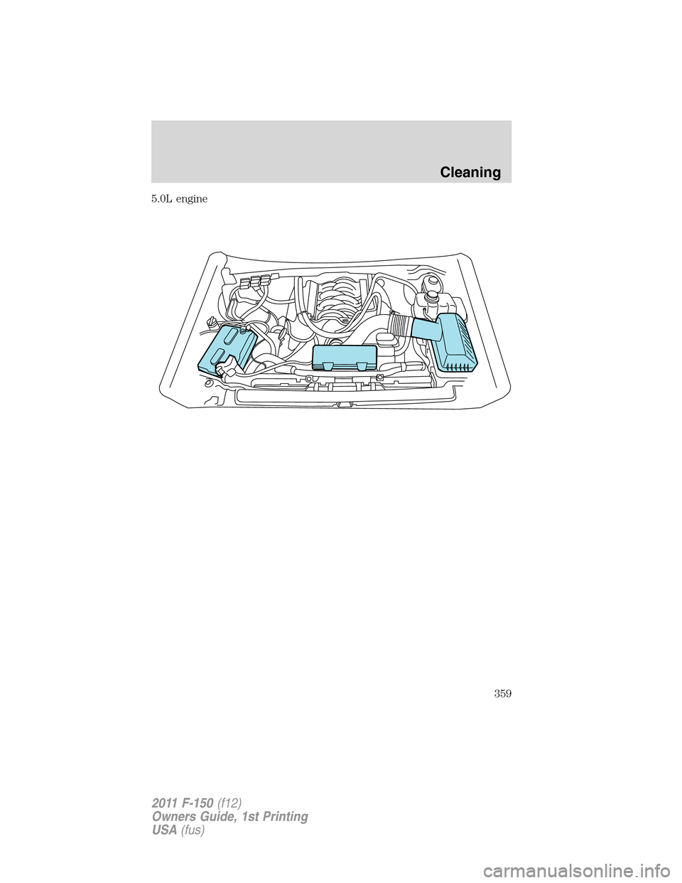 FORD F150 2011 12.G Owners Manual 5.0L engine
Cleaning
359
2011 F-150(f12)
Owners Guide, 1st Printing
USA(fus) 