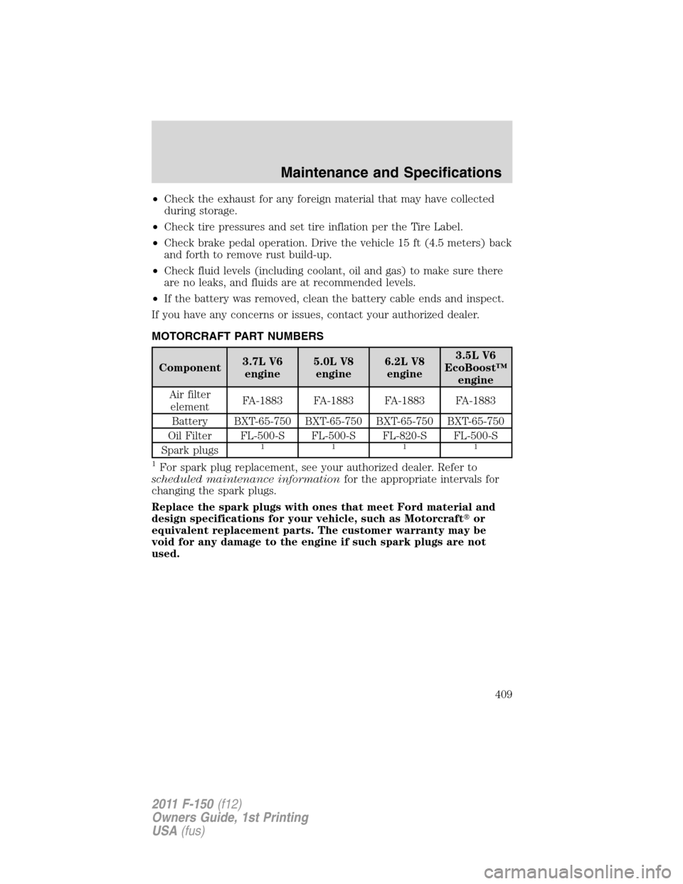 FORD F150 2011 12.G Owners Manual •Check the exhaust for any foreign material that may have collected
during storage.
•Check tire pressures and set tire inflation per the Tire Label.
•Check brake pedal operation. Drive the vehic