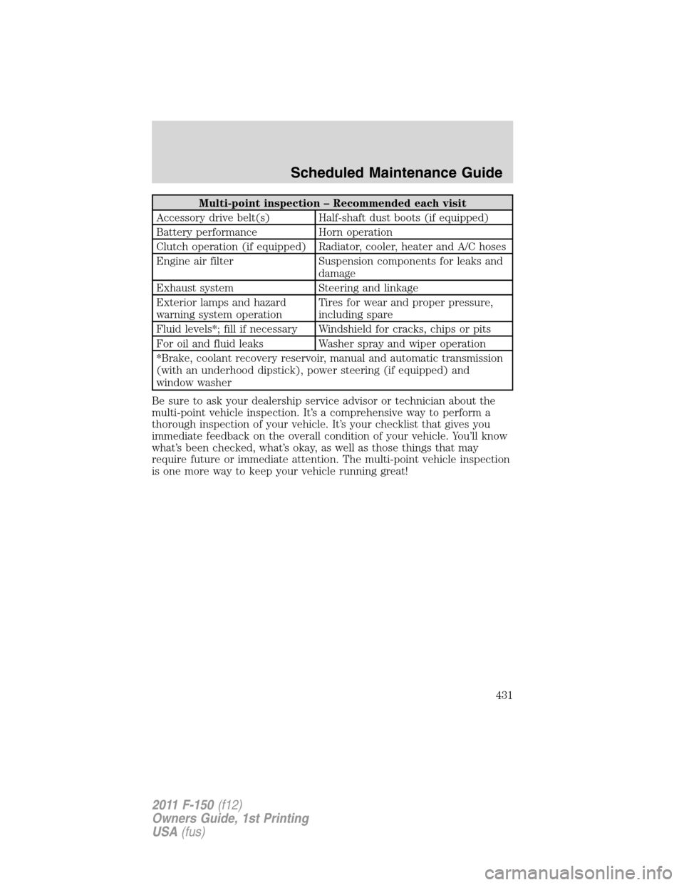 FORD F150 2011 12.G Owners Manual Multi-point inspection – Recommended each visit
Accessory drive belt(s) Half-shaft dust boots (if equipped)
Battery performance Horn operation
Clutch operation (if equipped) Radiator, cooler, heater FORD F150 2011 12.G Owners Manual Multi-point inspection – Recommended each visit
Accessory drive belt(s) Half-shaft dust boots (if equipped)
Battery performance Horn operation
Clutch operation (if equipped) Radiator, cooler, heater