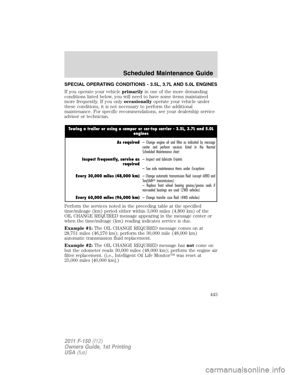 FORD F150 2011 12.G Owners Manual SPECIAL OPERATING CONDITIONS - 3.5L, 3.7L AND 5.0L ENGINES
If you operate your vehicleprimarilyin one of the more demanding
conditions listed below, you will need to have some items maintained
more fr FORD F150 2011 12.G Owners Manual SPECIAL OPERATING CONDITIONS - 3.5L, 3.7L AND 5.0L ENGINES
If you operate your vehicleprimarilyin one of the more demanding
conditions listed below, you will need to have some items maintained
more fr