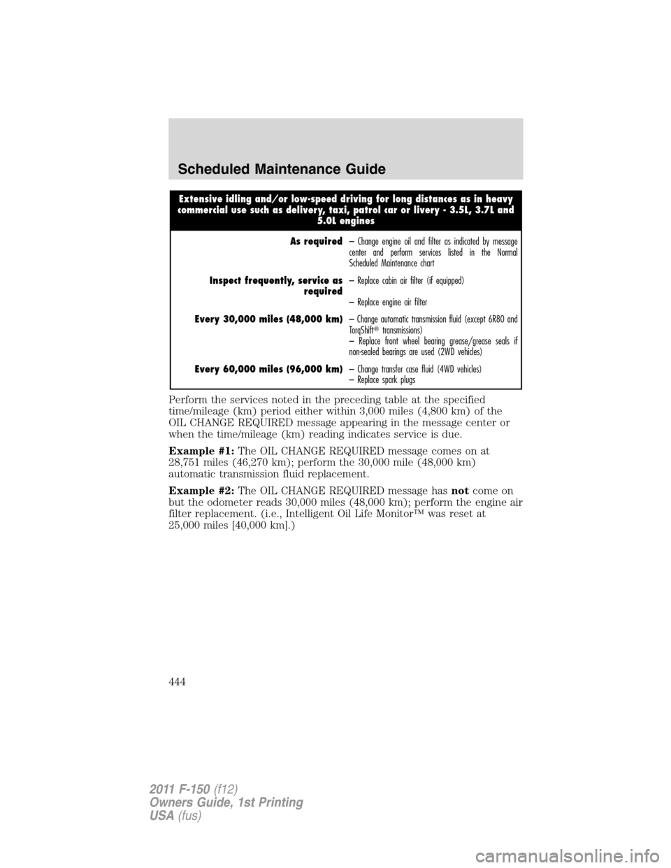 FORD F150 2011 12.G Owners Manual Extensive idling and/or low-speed driving for long distances as in heavy
commercial use such as delivery, taxi, patrol car or livery - 3.5L, 3.7L and
5.0L engines
As required– Change engine oil and FORD F150 2011 12.G Owners Manual Extensive idling and/or low-speed driving for long distances as in heavy
commercial use such as delivery, taxi, patrol car or livery - 3.5L, 3.7L and
5.0L engines
As required– Change engine oil and