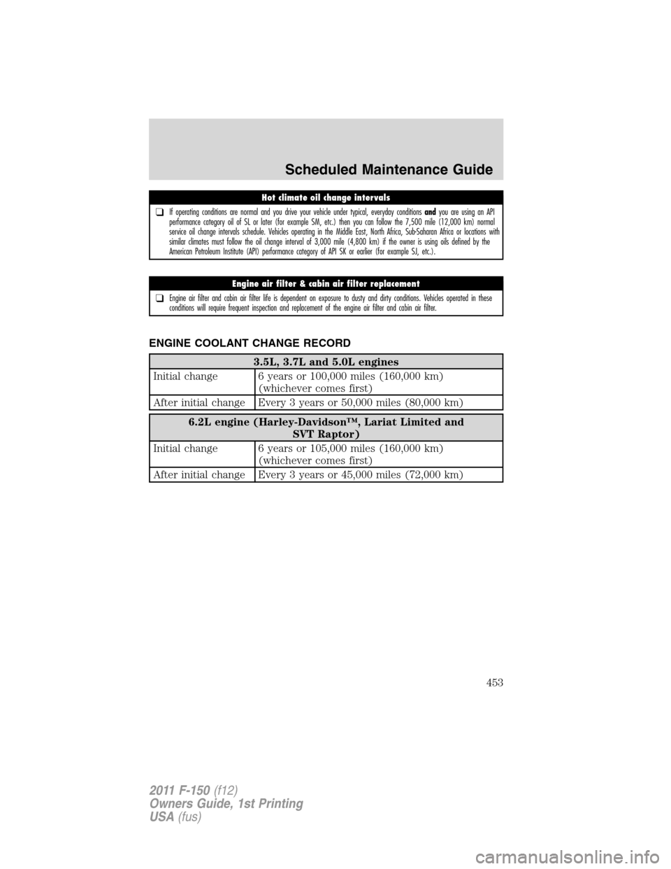 FORD F150 2011 12.G Owners Manual ENGINE COOLANT CHANGE RECORD
3.5L, 3.7L and 5.0L engines
Initial change 6 years or 100,000 miles (160,000 km)
(whichever comes first)
After initial change Every 3 years or 50,000 miles (80,000 km)
6.2
