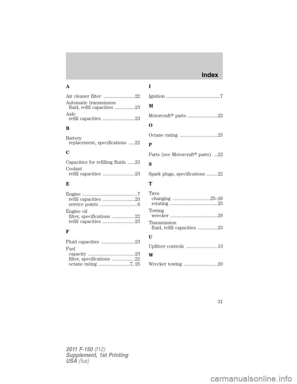 FORD F150 2011 12.G Raptor Supplement Manual A
Air cleaner filter .........................22
Automatic transmission
fluid, refill capacities ................23
Axle
refill capacities ..........................23
B
Battery
replacement, specifica