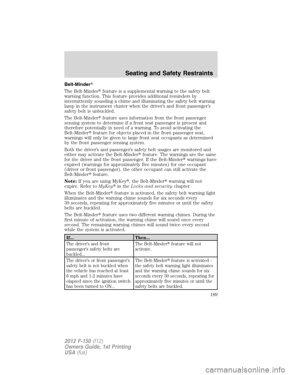 FORD F150 2012 12.G Owners Manual Belt-Minder
The Belt-Minderfeature is a supplemental warning to the safety belt
warning function. This feature provides additional reminders by
intermittently sounding a chime and illuminating the s
