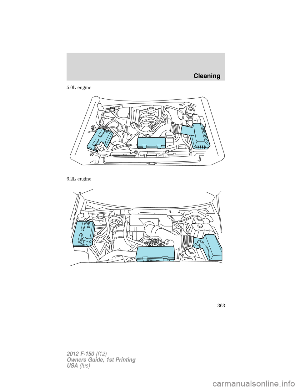 FORD F150 2012 12.G Owners Manual 5.0L engine
6.2L engine
Cleaning
363
2012 F-150(f12)
Owners Guide, 1st Printing
USA(fus) 