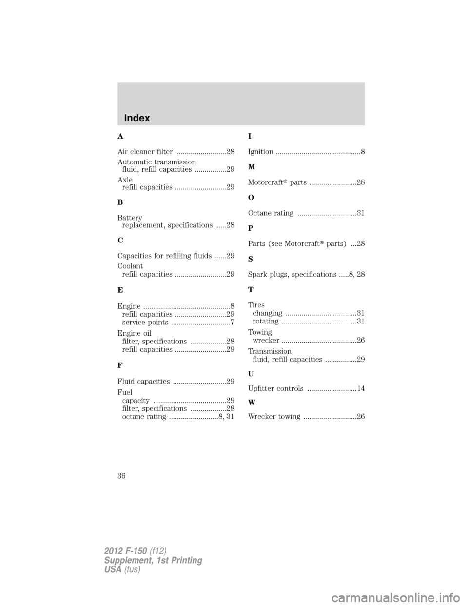 FORD F150 2012 12.G Raptor Supplement Manual A
Air cleaner filter .........................28
Automatic transmission
fluid, refill capacities ................29
Axle
refill capacities ..........................29
B
Battery
replacement, specifica