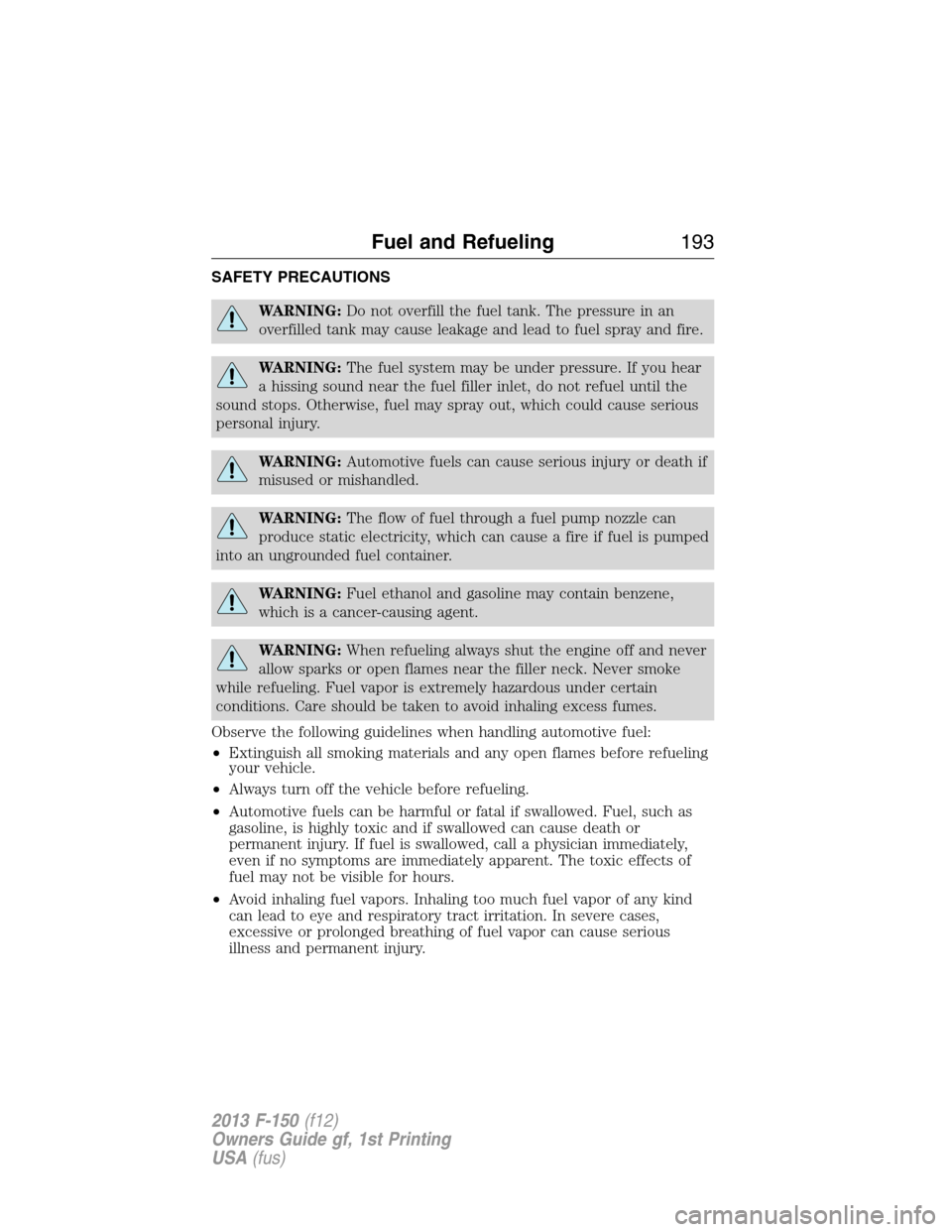 FORD F150 2013 12.G Owners Manual SAFETY PRECAUTIONS
WARNING:Do not overfill the fuel tank. The pressure in an
overfilled tank may cause leakage and lead to fuel spray and fire.
WARNING:The fuel system may be under pressure. If you he