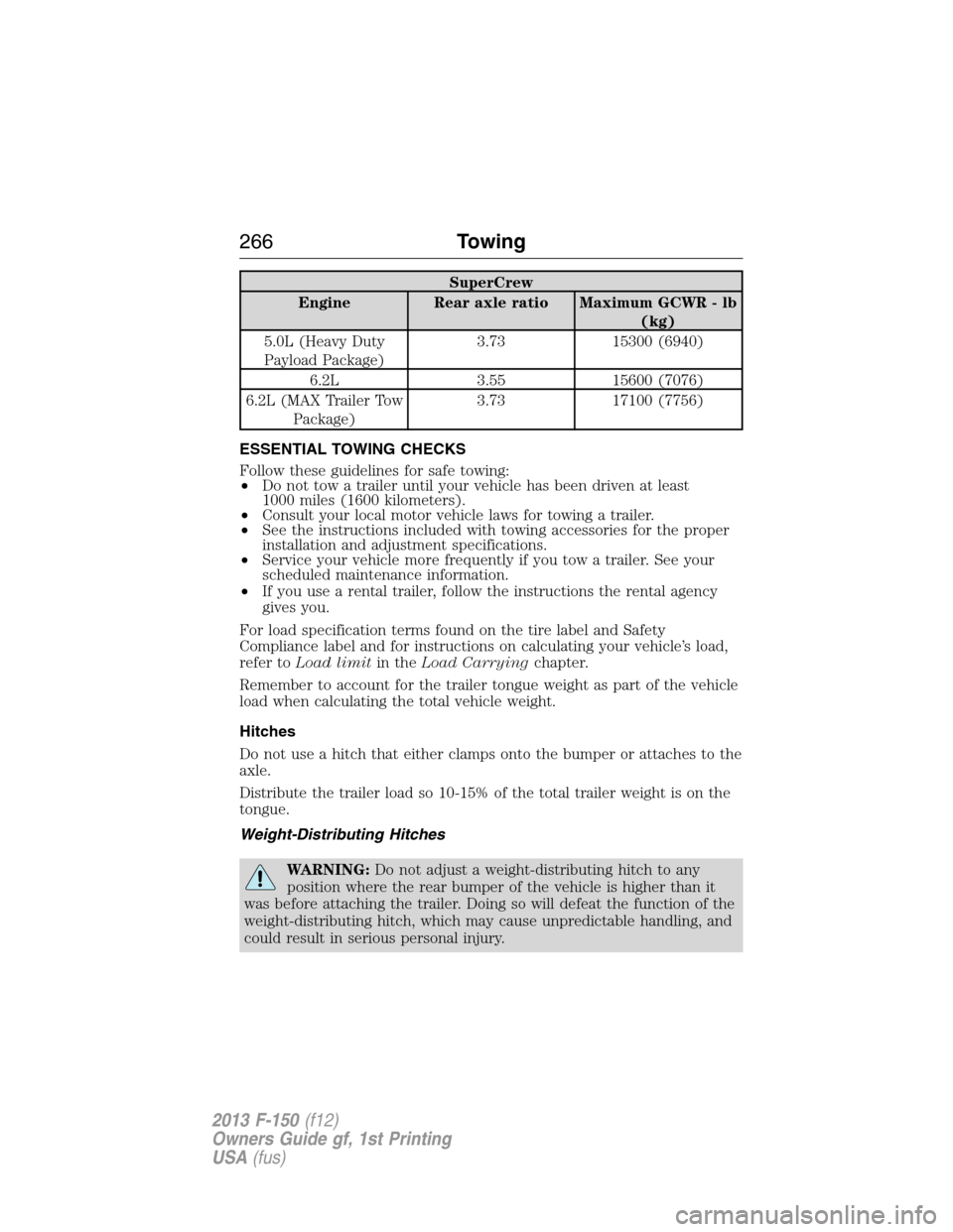 FORD F150 2013 12.G User Guide SuperCrew
Engine Rear axle ratio Maximum GCWR - lb
(kg)
5.0L (Heavy Duty
Payload Package)3.73 15300 (6940)
6.2L 3.55 15600 (7076)
6.2L (MAX Trailer Tow
Package)3.73 17100 (7756)
ESSENTIAL TOWING CHECK