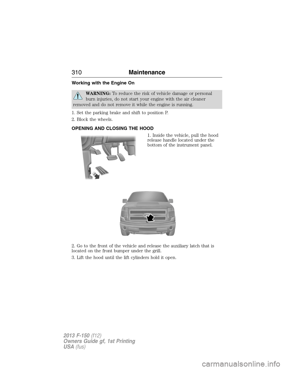 FORD F150 2013 12.G Owners Manual Working with the Engine On
WARNING:To reduce the risk of vehicle damage or personal
burn injuries, do not start your engine with the air cleaner
removed and do not remove it while the engine is runnin