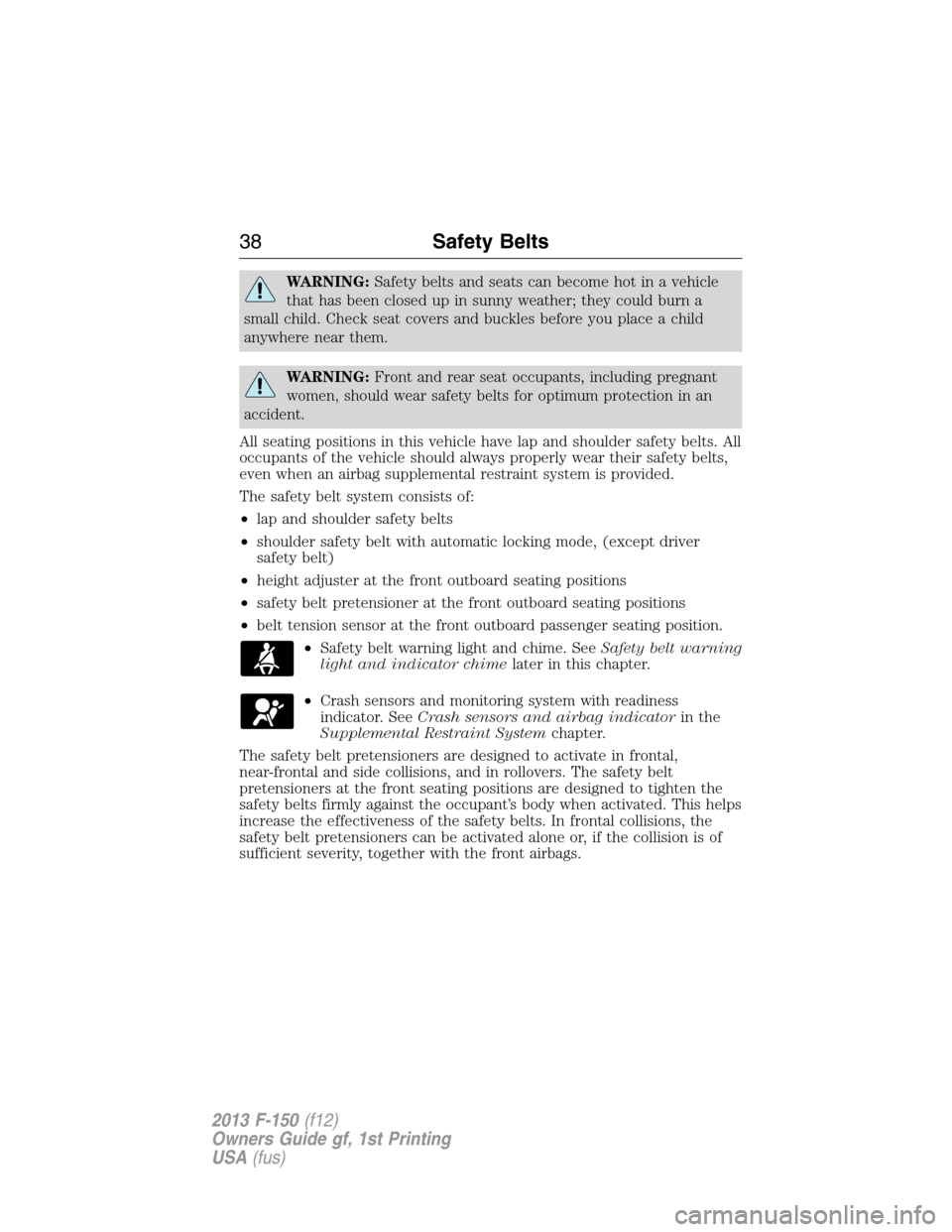 FORD F150 2013 12.G Owners Manual WARNING:Safety belts and seats can become hot in a vehicle
that has been closed up in sunny weather; they could burn a
small child. Check seat covers and buckles before you place a child
anywhere near
