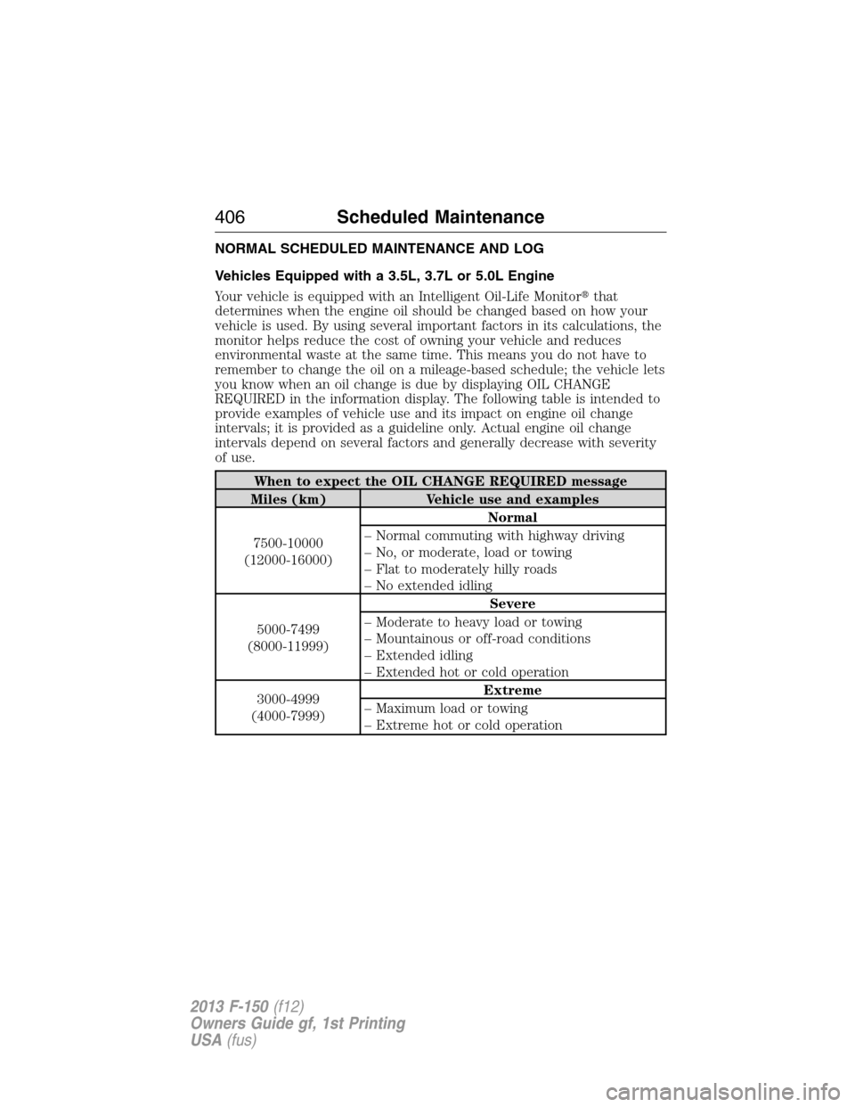 FORD F150 2013 12.G Owners Manual NORMAL SCHEDULED MAINTENANCE AND LOG
Vehicles Equipped with a 3.5L, 3.7L or 5.0L Engine
Your vehicle is equipped with an Intelligent Oil-Life Monitorthat
determines when the engine oil should be chan