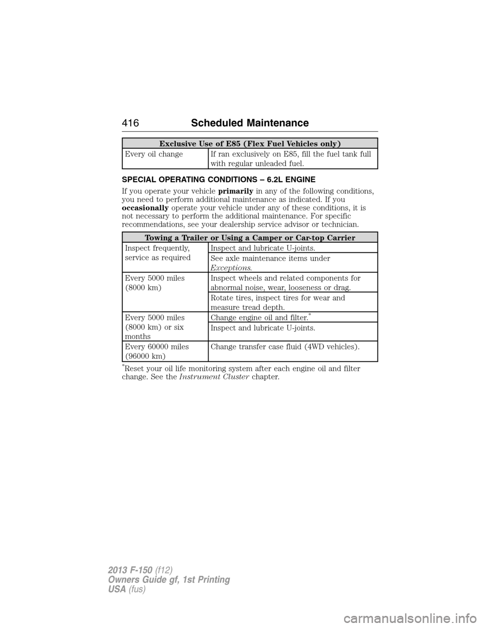 FORD F150 2013 12.G Manual PDF Exclusive Use of E85 (Flex Fuel Vehicles only)
Every oil change If ran exclusively on E85, fill the fuel tank full
with regular unleaded fuel.
SPECIAL OPERATING CONDITIONS – 6.2L ENGINE
If you opera